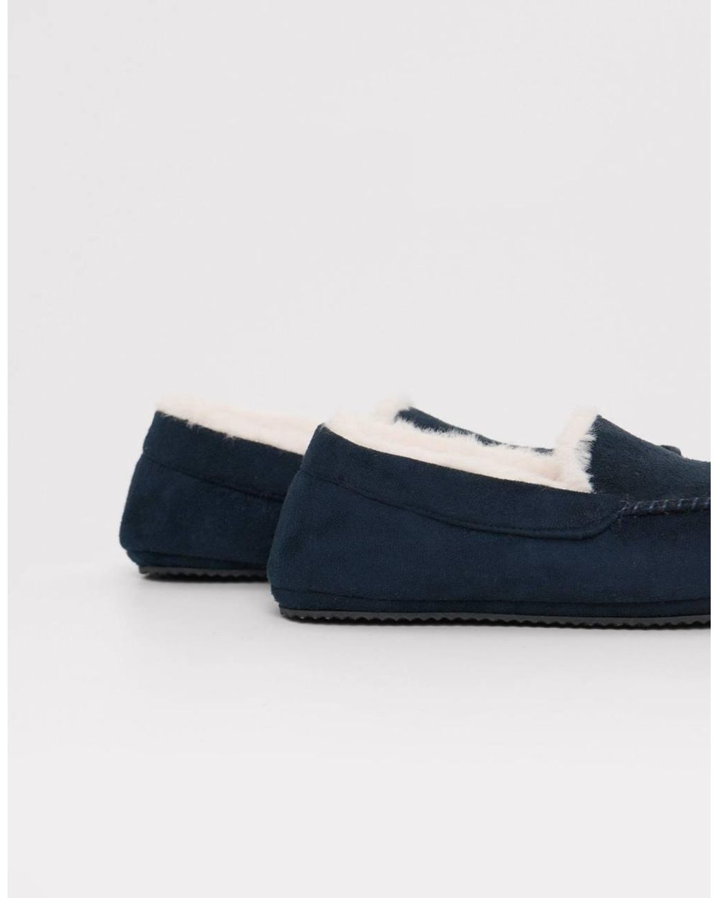 Threadbare Blue Faux Suede Faux Fur Lined Moccasin Slippers for men