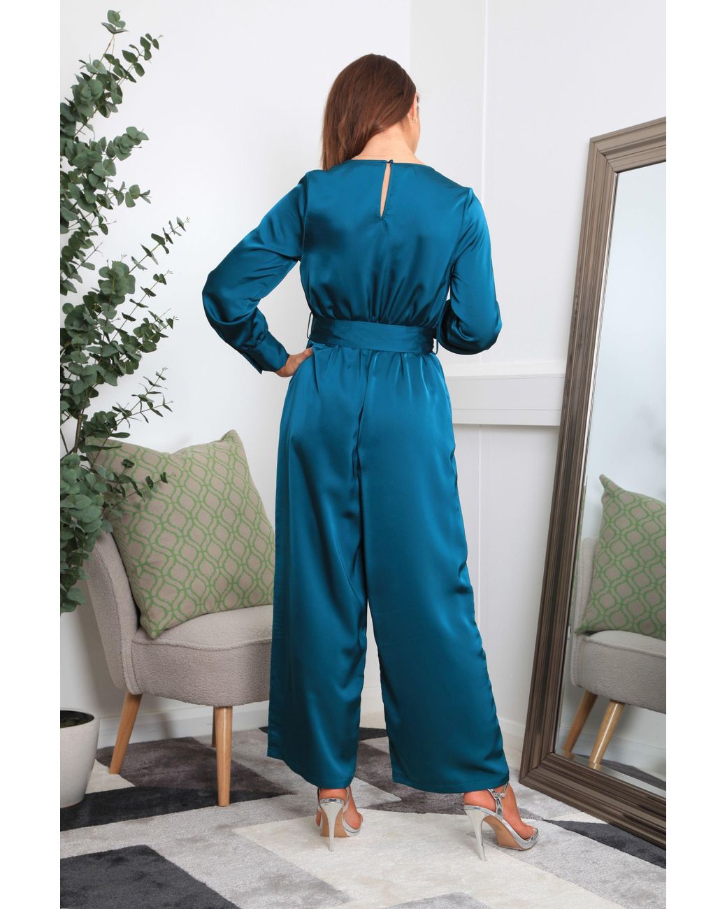 Double Second Blue Lux Satin Wrap Jumpsuit