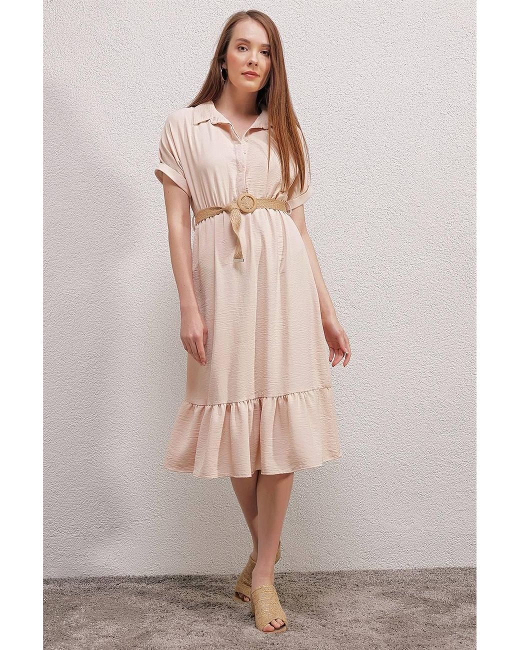 Bigdart Natural Textured Belted Midi Dress With Shirt Collar