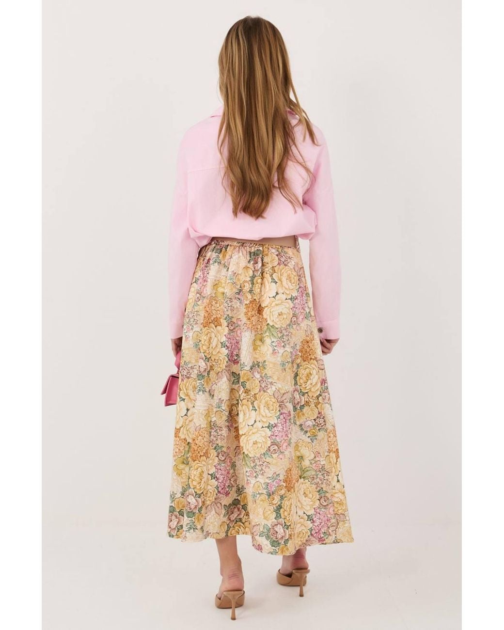 Love Lace Pink Floral Print Midi Skirt With Waist Belt