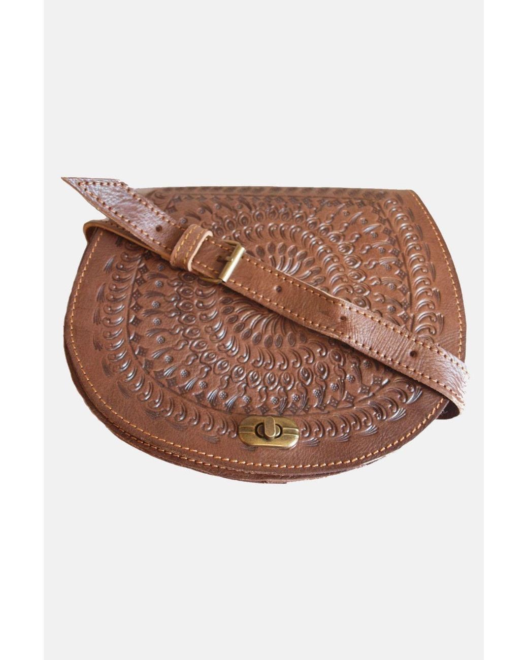 Berber Leather Brown 'The Temara' Embossed Leather Saddle Bag