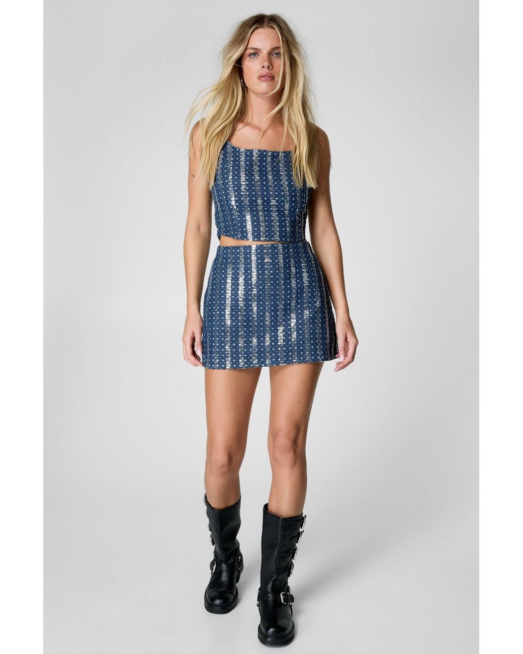 Nasty Gal Blue Sequin Denim Corset Top