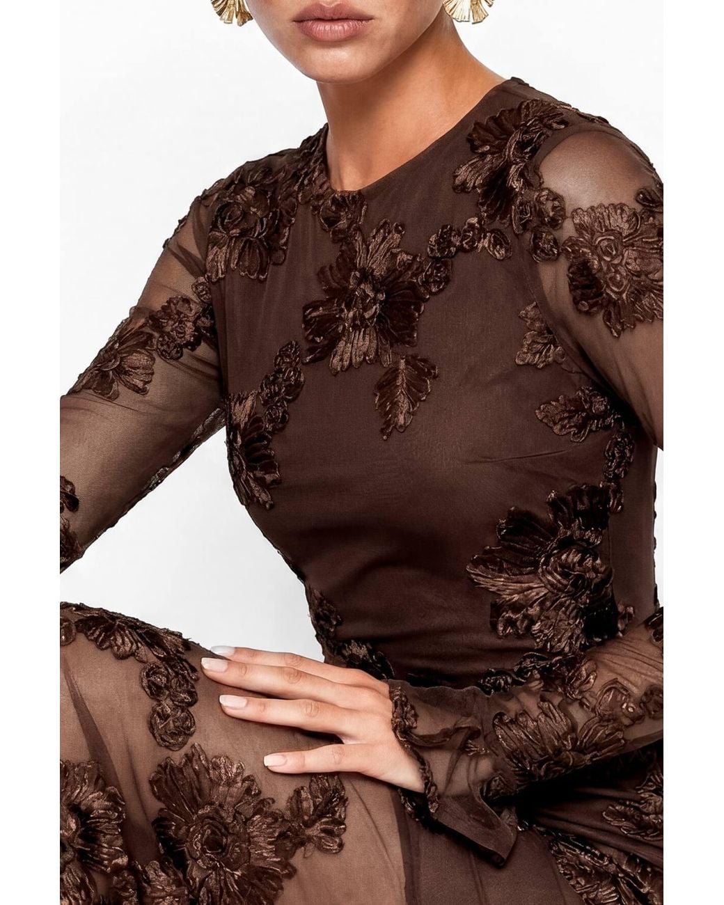 Maya Deluxe Brown 3D Floral Applique Long Sleeve Mesh Maxi Dress