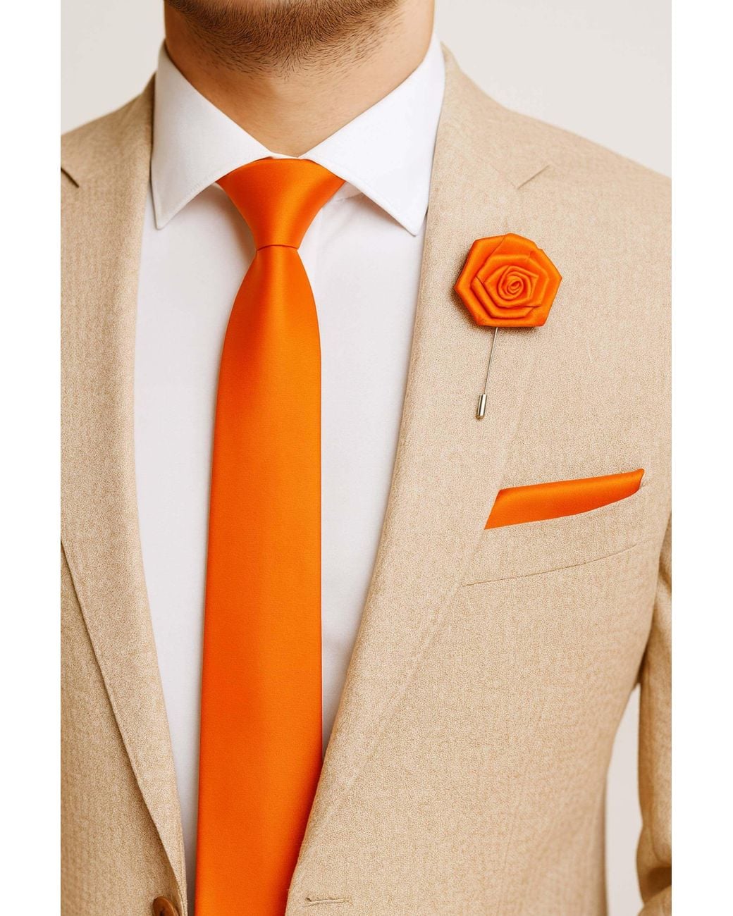 AJVANI Orange Formal Wedding Pocket Square + Bowtie + Flower Buttonhole Pin + Tie Set for men