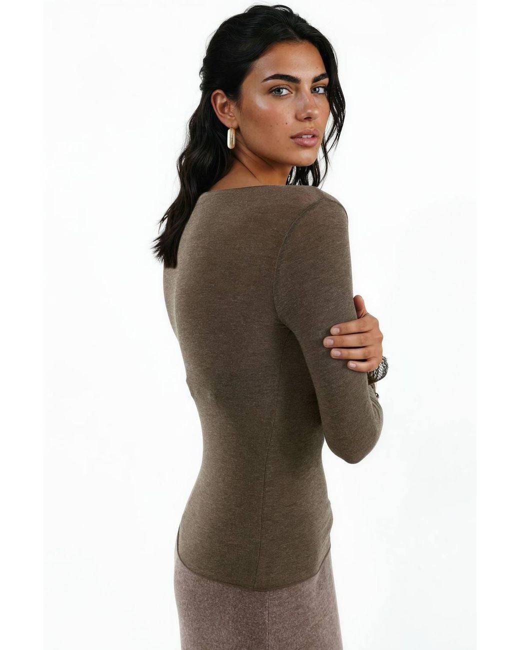 Busem Brown Long-Sleeve Lace V-Neck Top