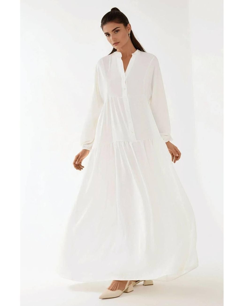 Hiccup White Textured V-Neck Maxi Dress With Button Detail