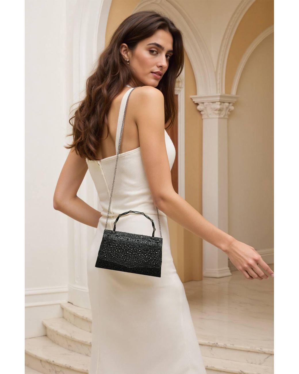 MODISHION Black Rhinestone Evening Clutch Bag With Bamboo-Style Handle