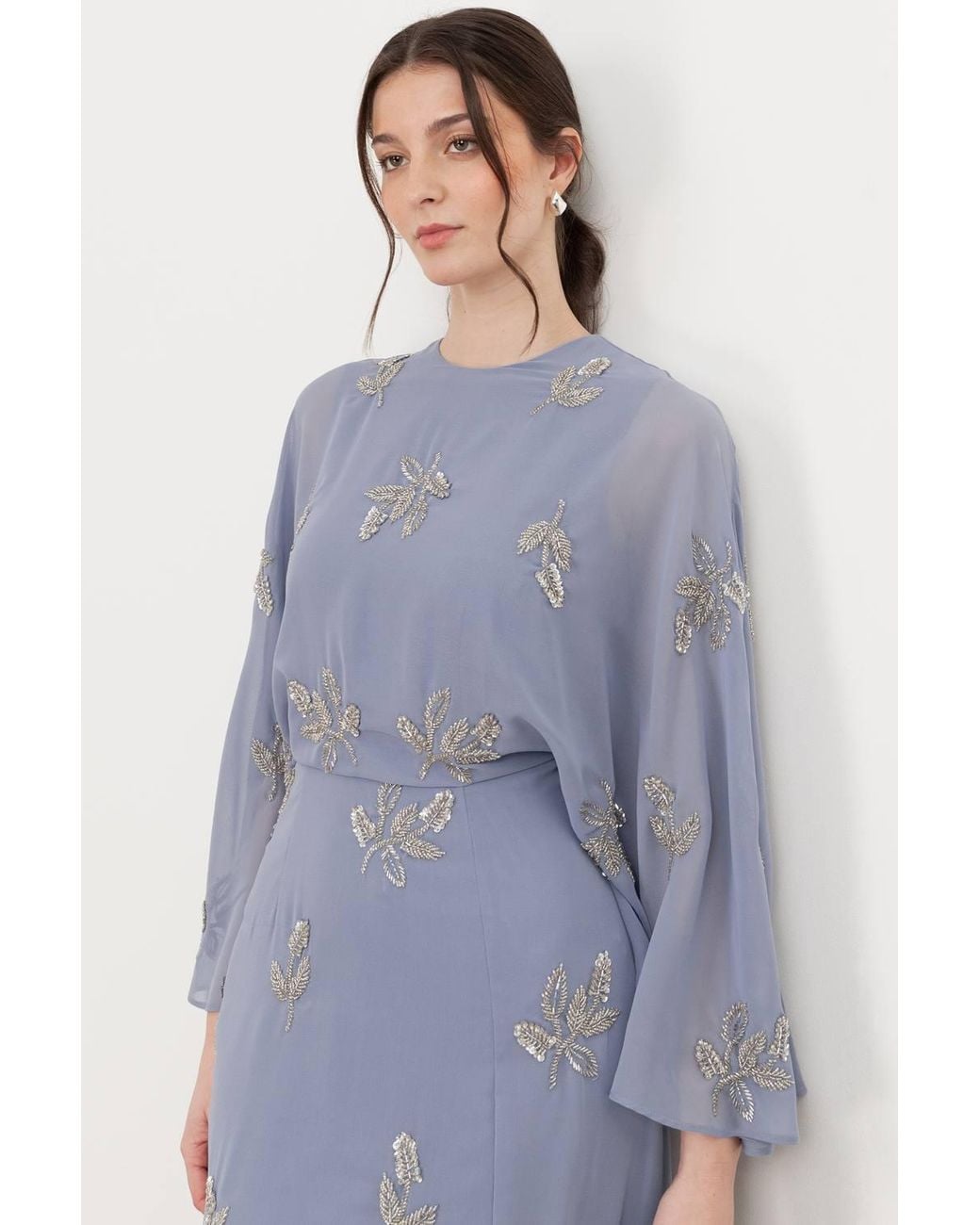 Maya Deluxe Blue Floral Embellished Cape Sleeve Maxi Dress