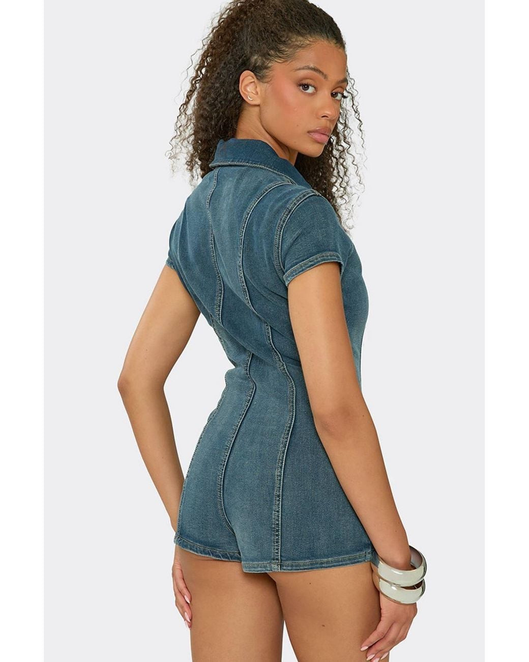EGO Blue Fitted Short Sleeve Zip Denim Playsuit