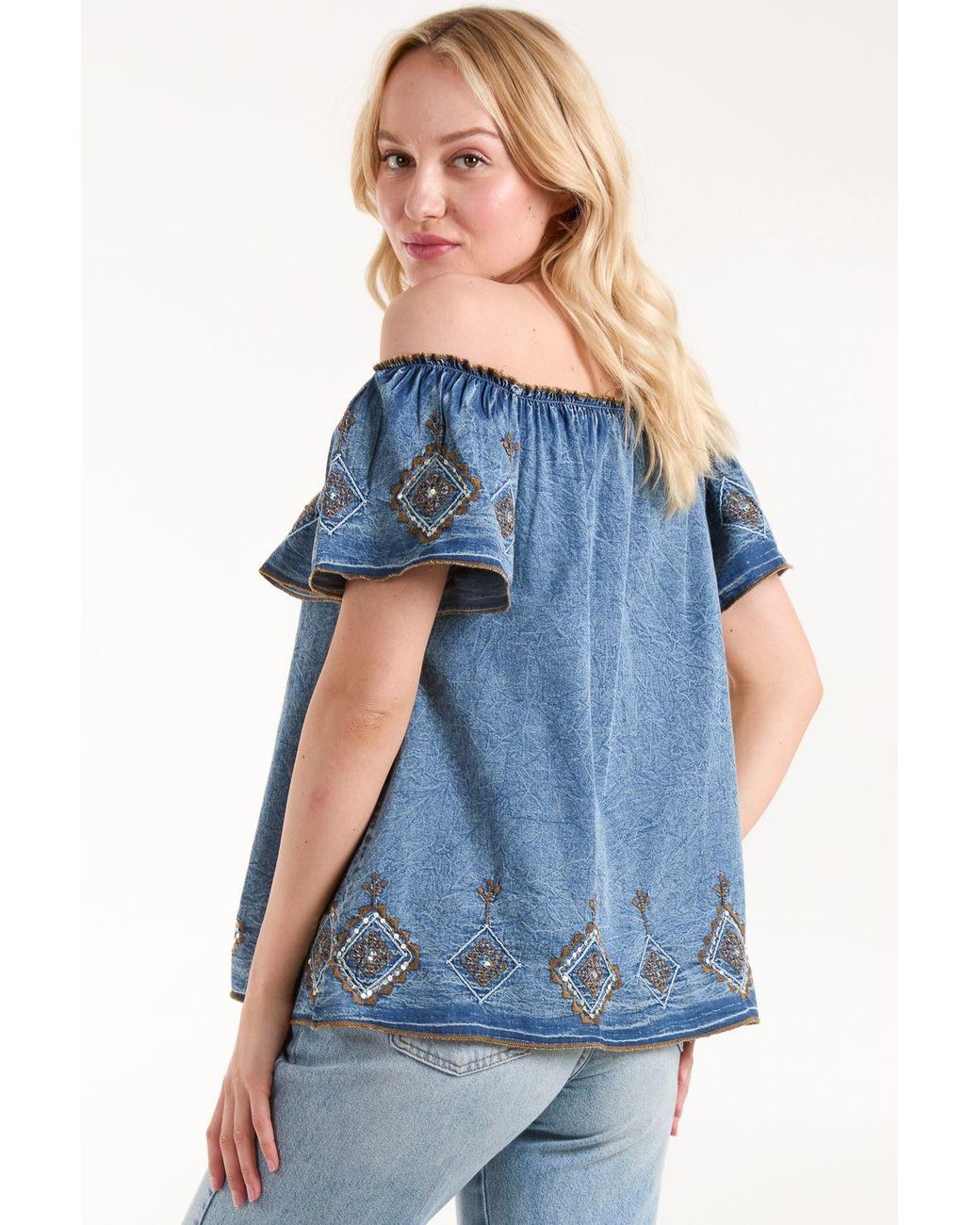 Blue Vanilla Blue Denim Embroidered Bardot Top