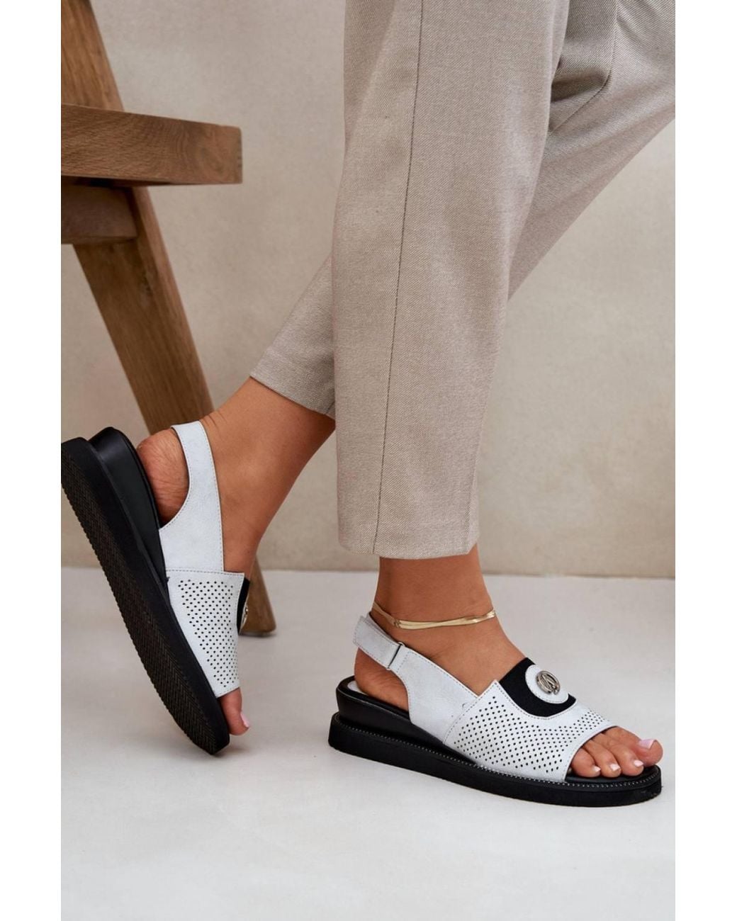 Love Lace Gray Jezzi Wedge Sandals With Velcro Strap Comfort