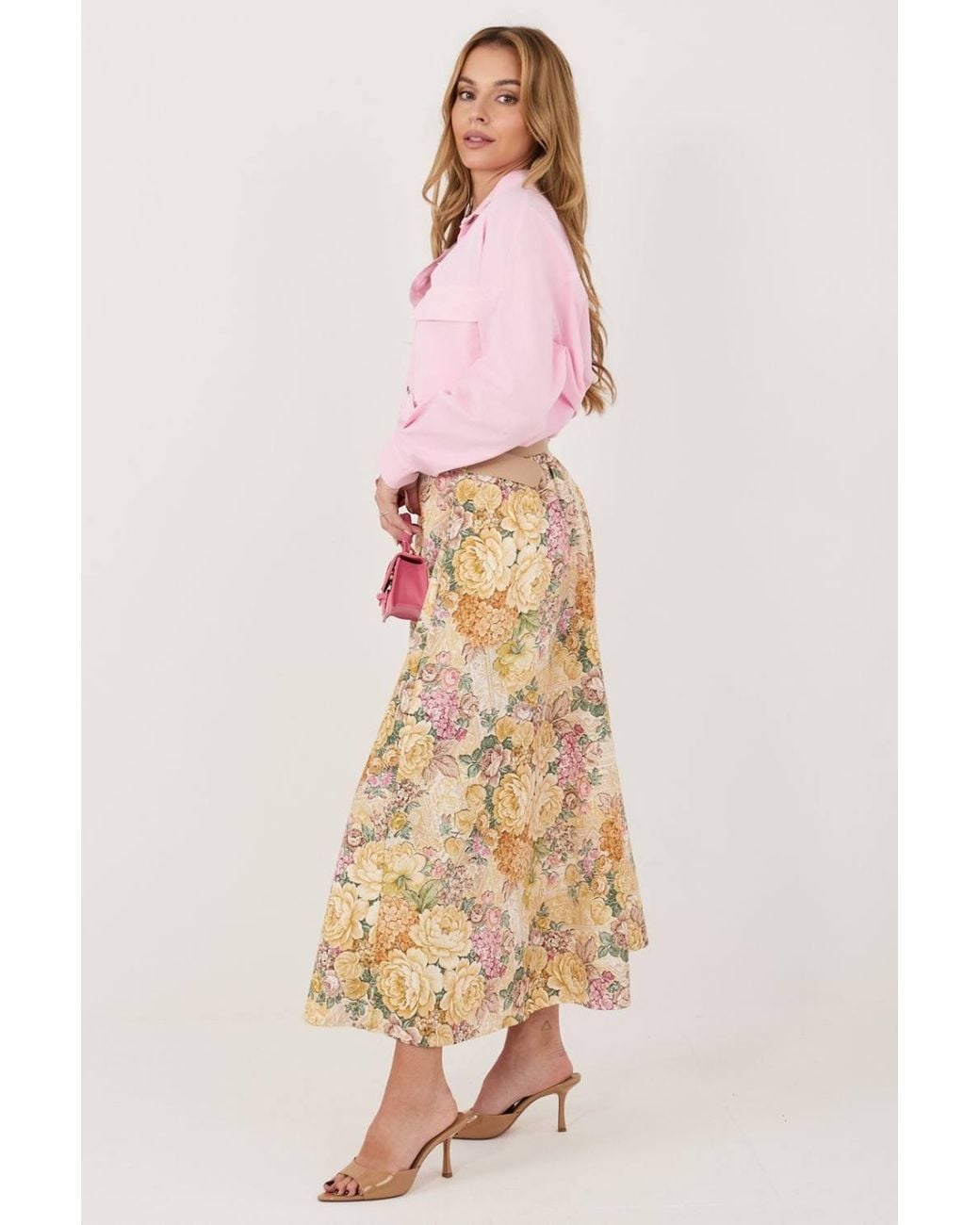 Love Lace Pink Floral Print Midi Skirt With Waist Belt
