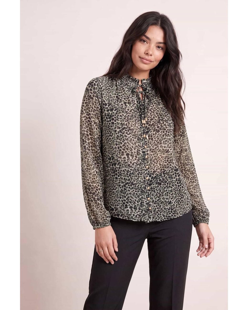 Style Cheat Gray Animal Print Tie Blouse