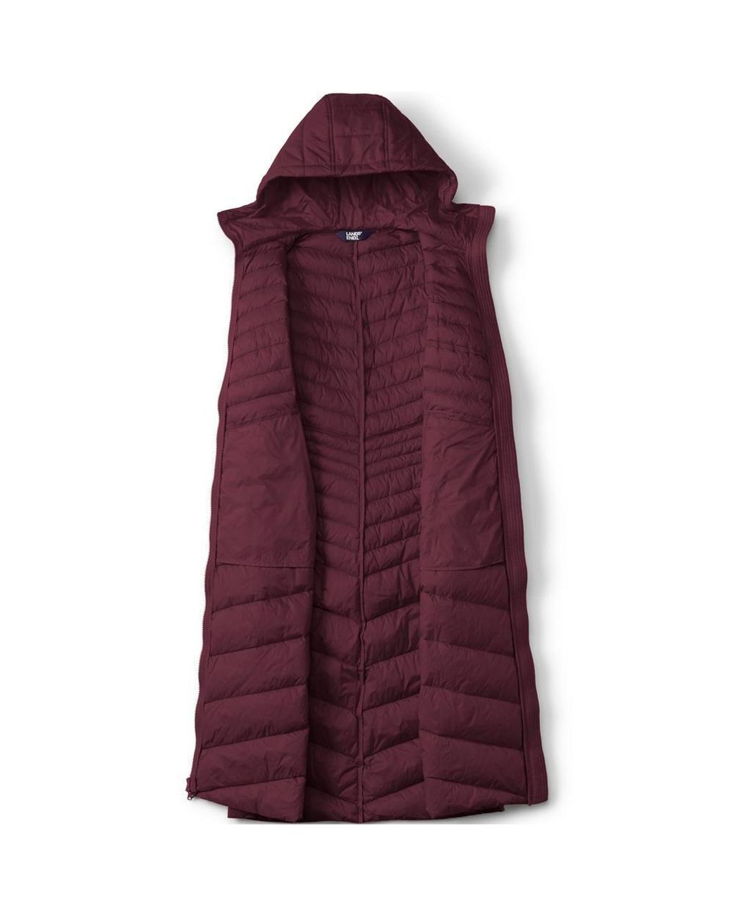 Lands' End Red Wanderweight Down Ultralight Packable Hooded Maxi Coat