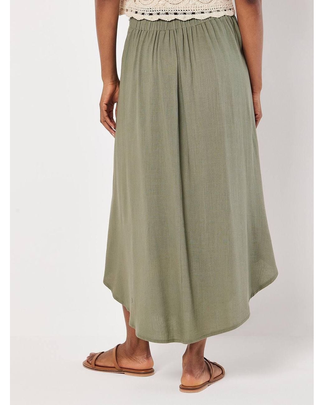 Apricot Green Linen Blend Hanky Hem Midi Skirt