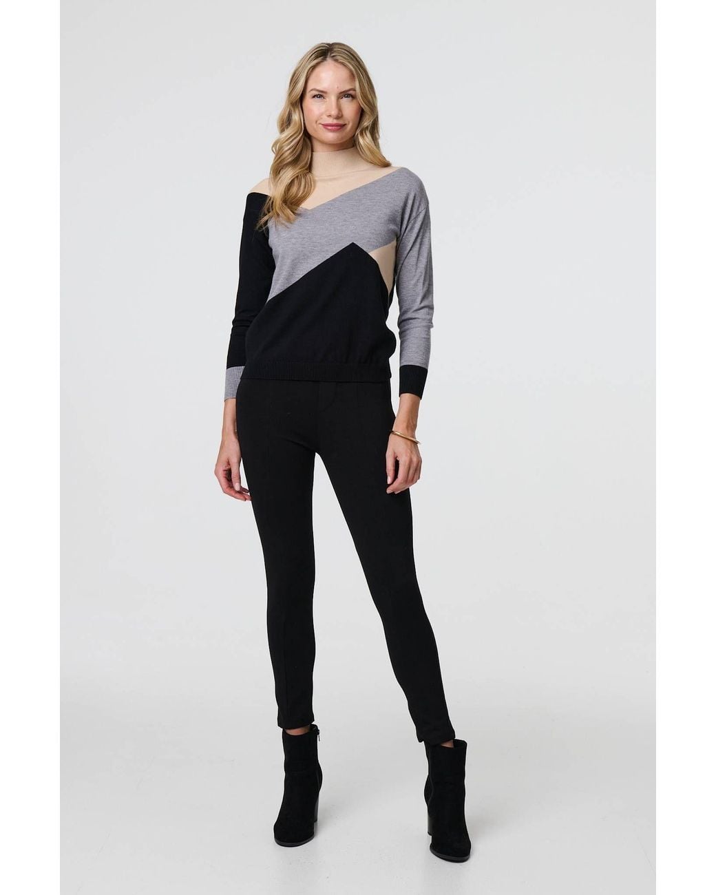 Izabel London Gray Colour Block High Neck Slim Jumper