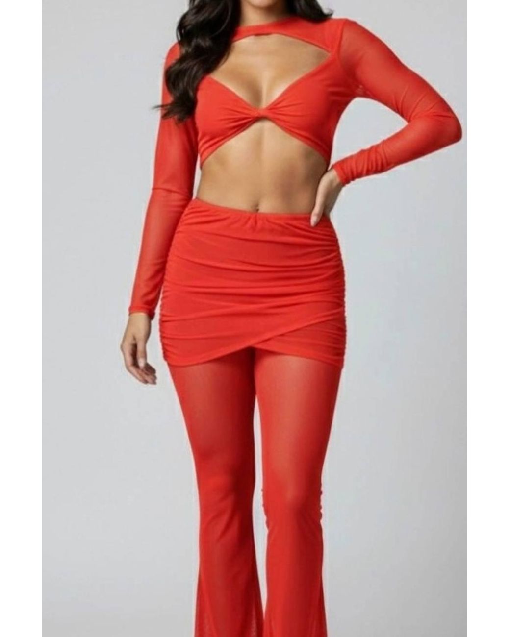 Stylewise Cut Out Knot Front Mesh & Flared Trouser Co-Ord Set