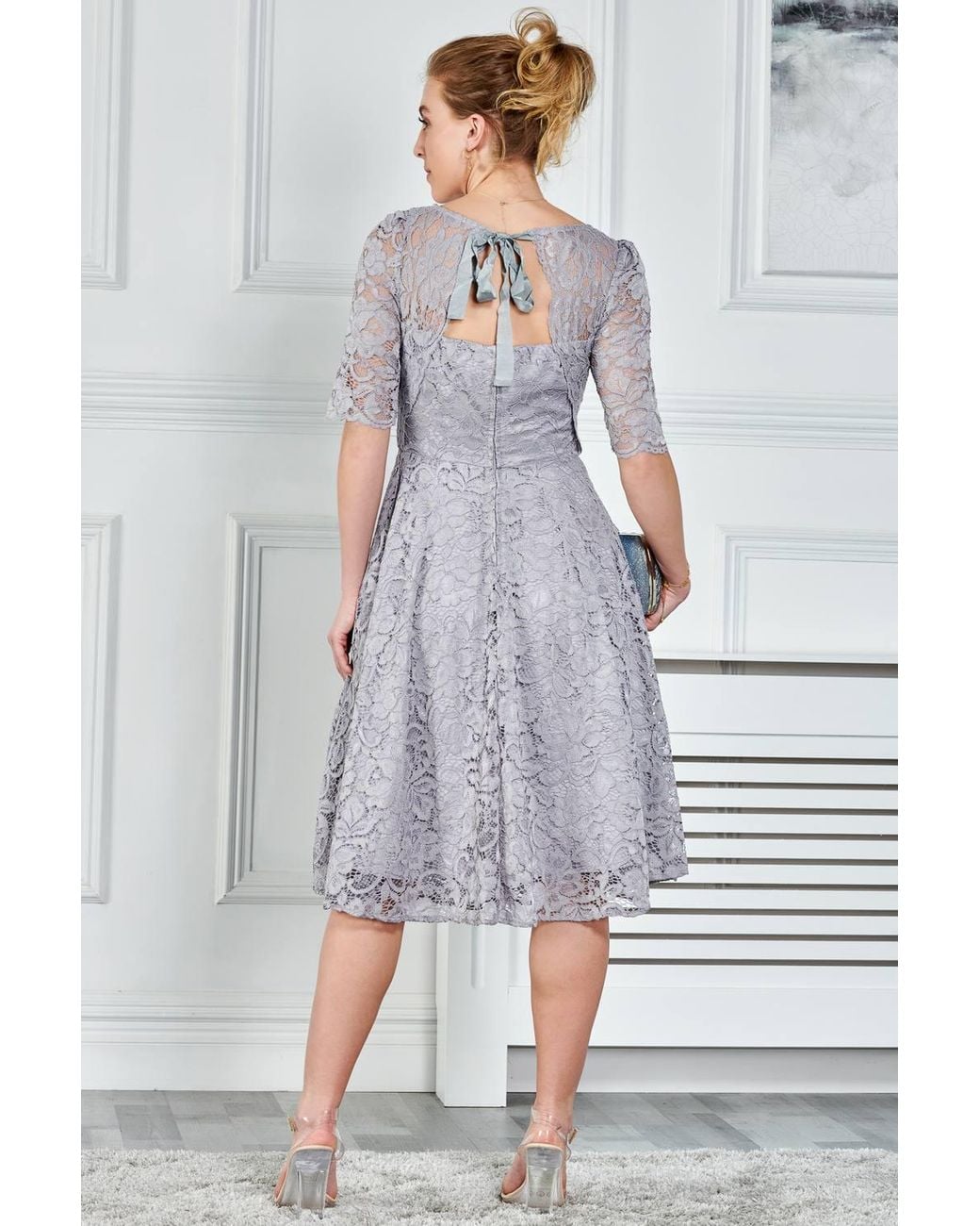Jolie Moi Gray Fit & Flare Lace Midi Dress