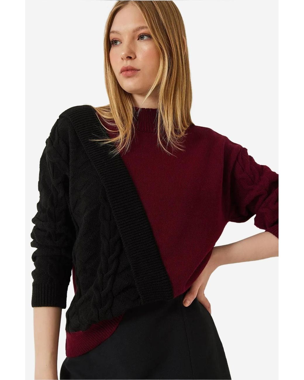 Bianco Lucci Blue Patterned Half Turtleneck Ribbed Sweater
