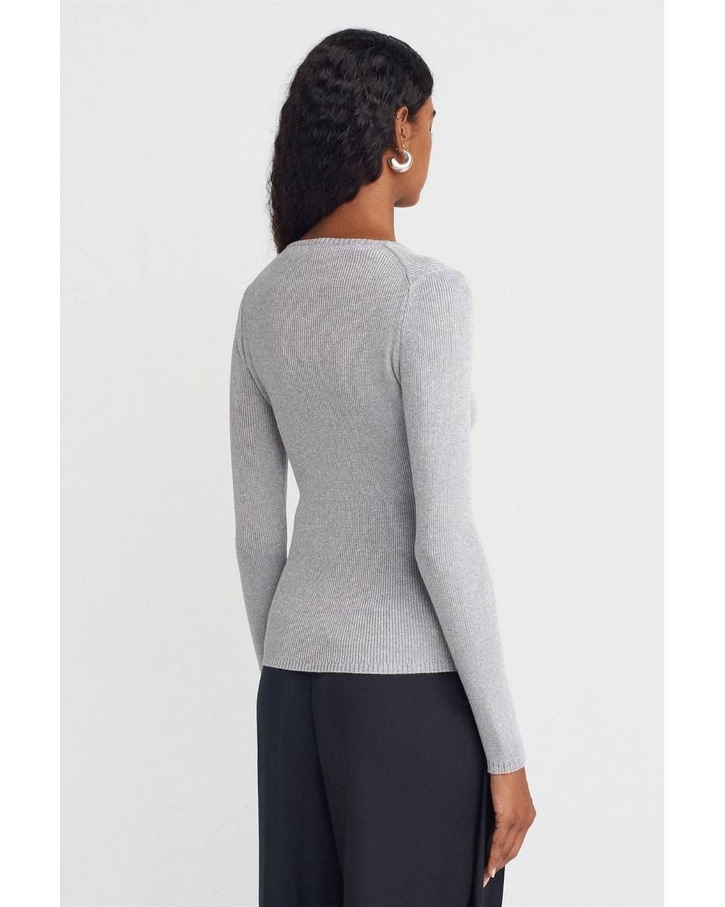 Dilvin Gray Slim Fit V-Neck Ribbed Sweater