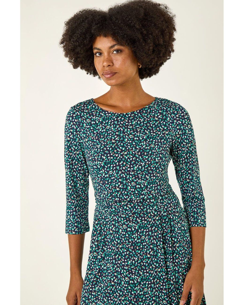 Roman Green Abstract Print Gathered Stretch Midi Dress