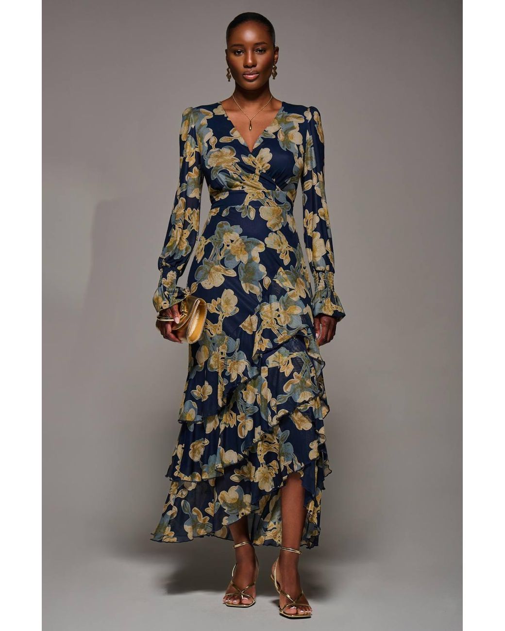 Jolie Moi Gray Long Sleeve Ruffle Hem Mesh Maxi Dress