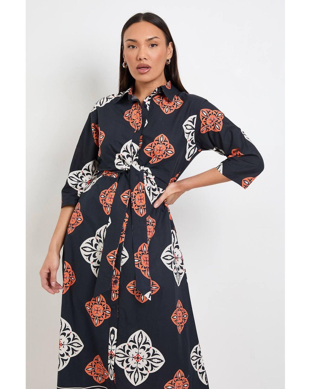 PRINCIPLES Red Tile Print Tie Front Midi Shirt Dress