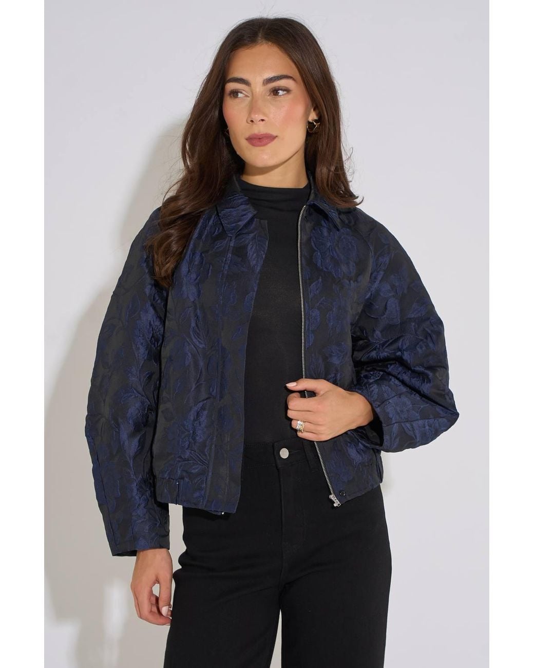 Gini London Blue Floral Jacquard Bomber Jacket