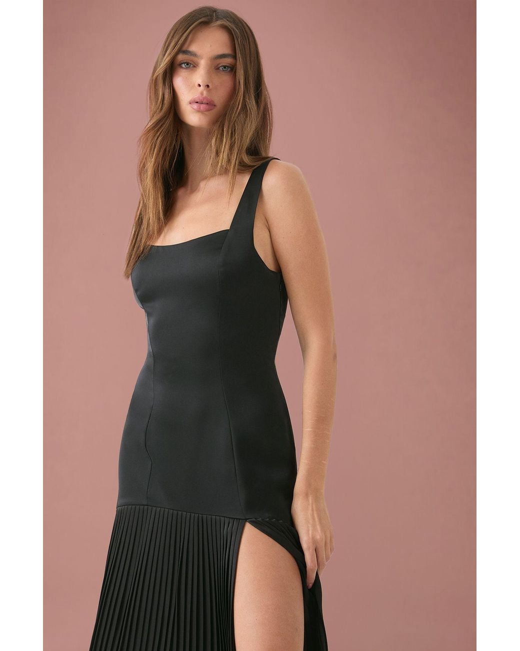 MissPap Black Premium Satin Square Pleated Skirt Dress