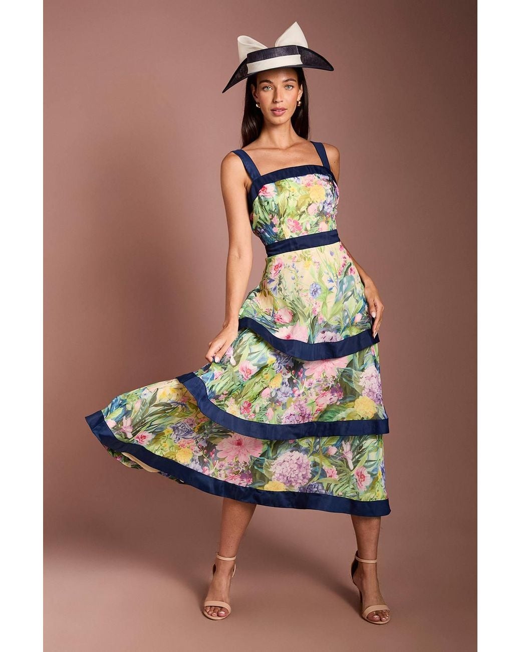 Coast Blue Lisa Tan Printed Tiered Organza Midi Dress