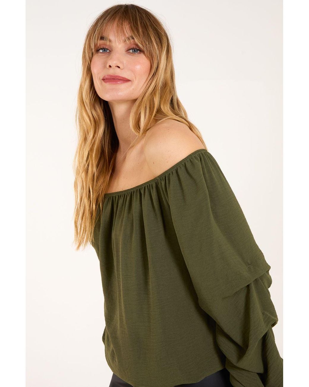 Blue Vanilla Green Bardot Elasticated Ruched Sleeve Top