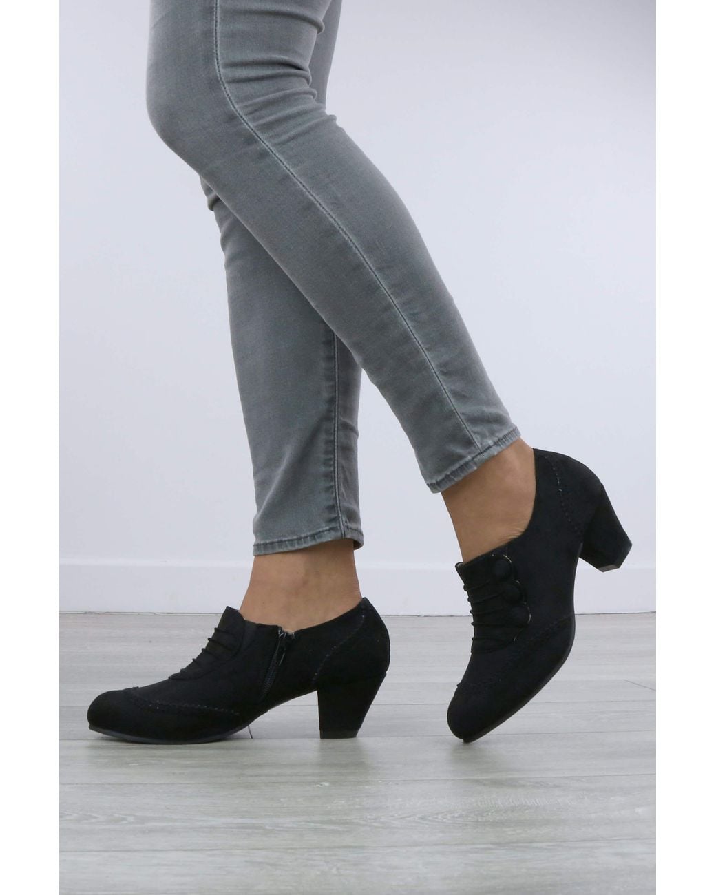 AJVANI Gray Mid Cuban Heel Brogue Buttoned Ankle Boots Shoe Boots