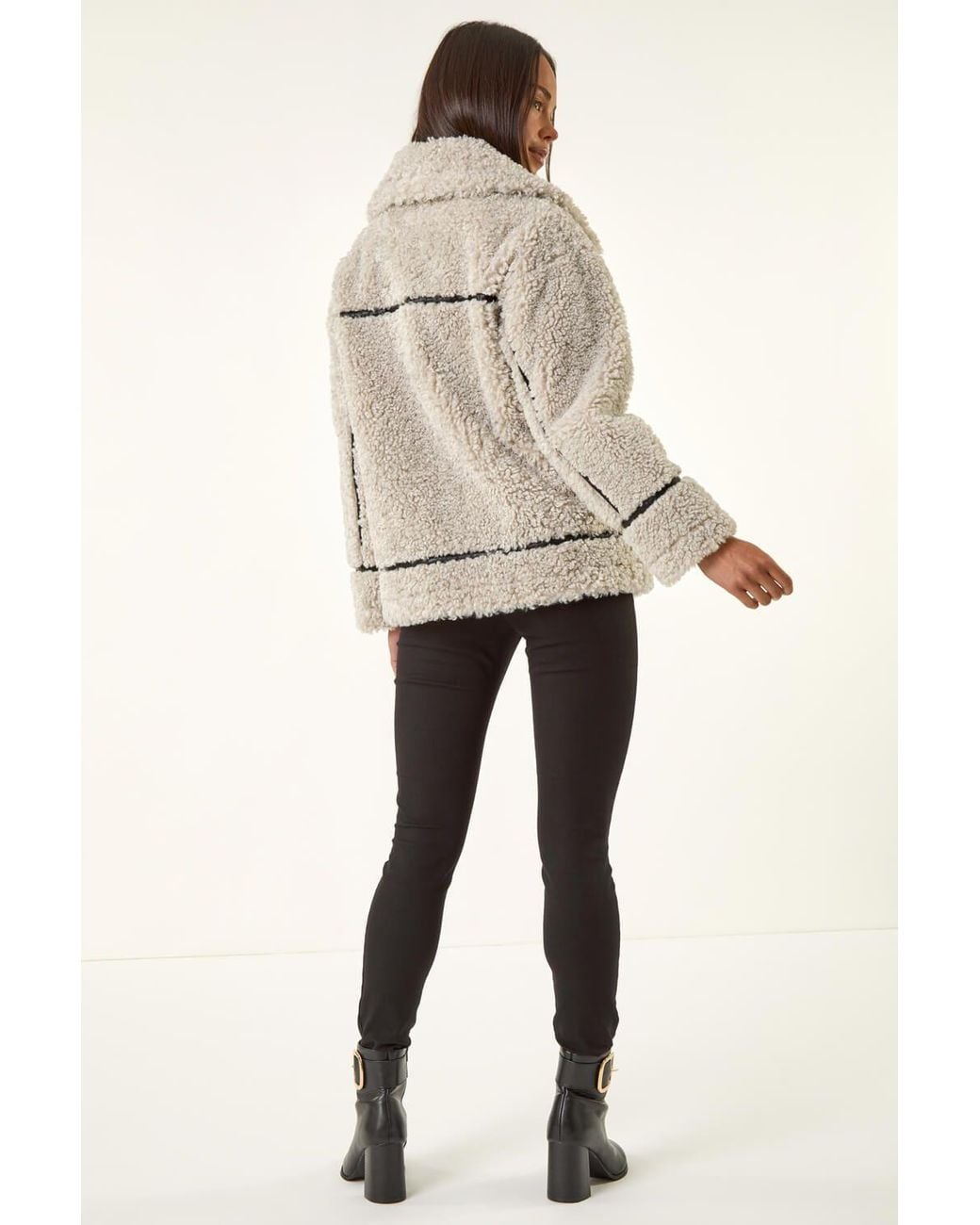 Roman Natural Petite Borg Contrast Aviator Coat