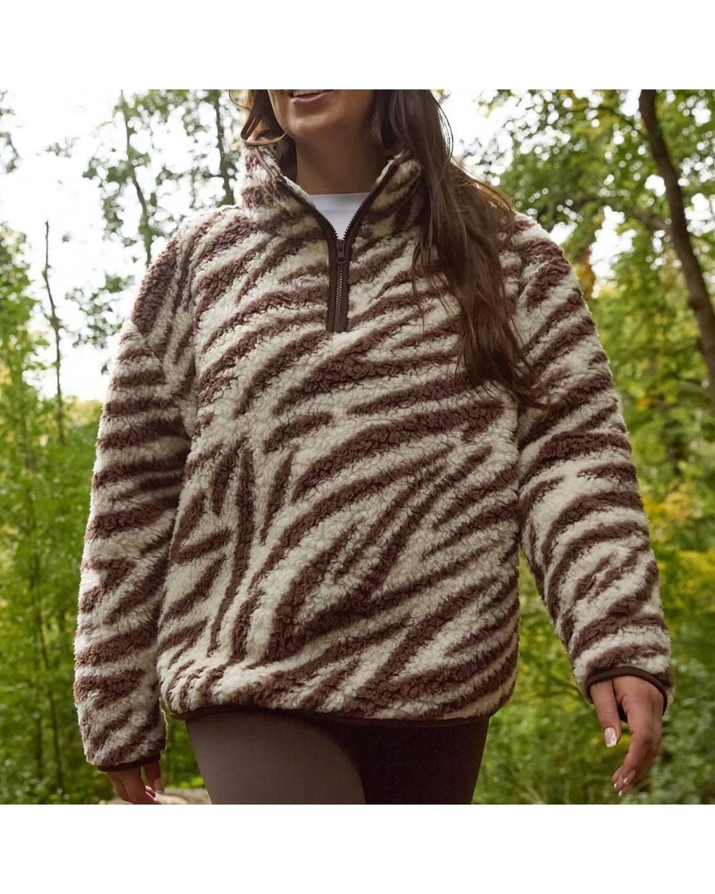OHS Green Zebra Print Half Zip Jacket Teddy Fleece Pullover Jumper Sweatshirt