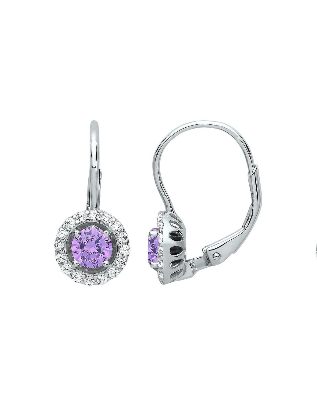 Jewelco London Metallic Lilac Cz Solitaire Halo Drop Earrings