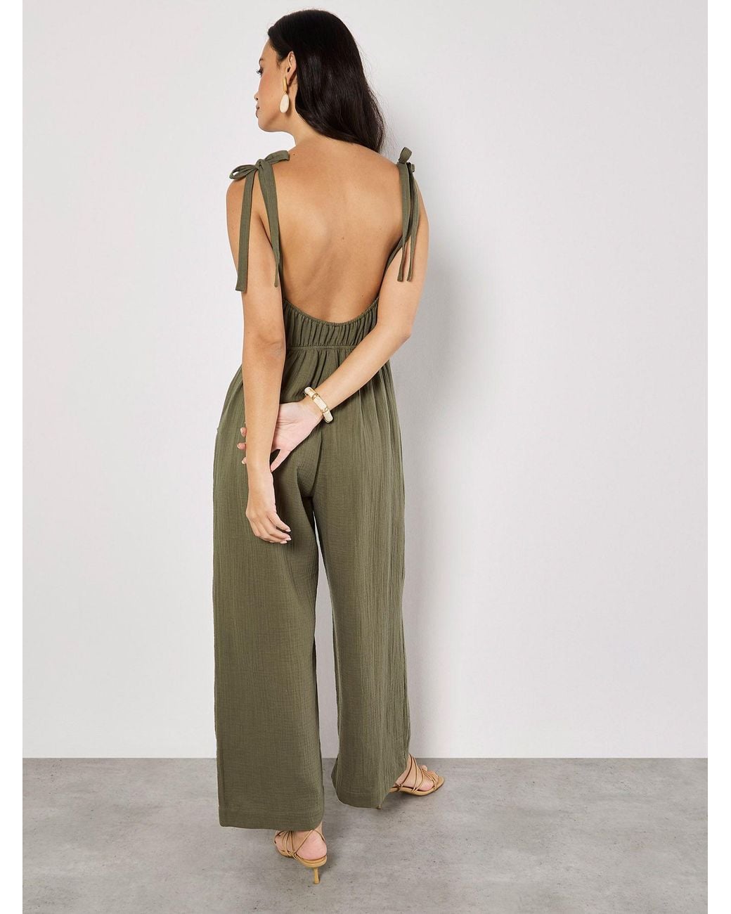 Apricot Green Textured Cotton Wide Leg Jumpsuit