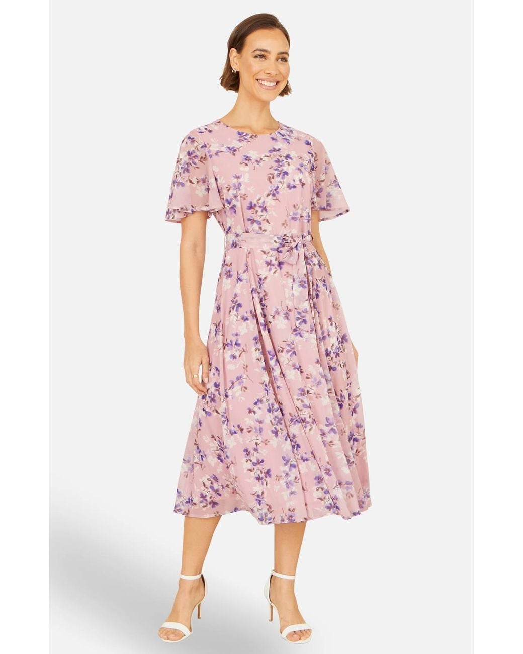 Yumi' Pink Blossom Skater Midi Dress With Angel Sleeves
