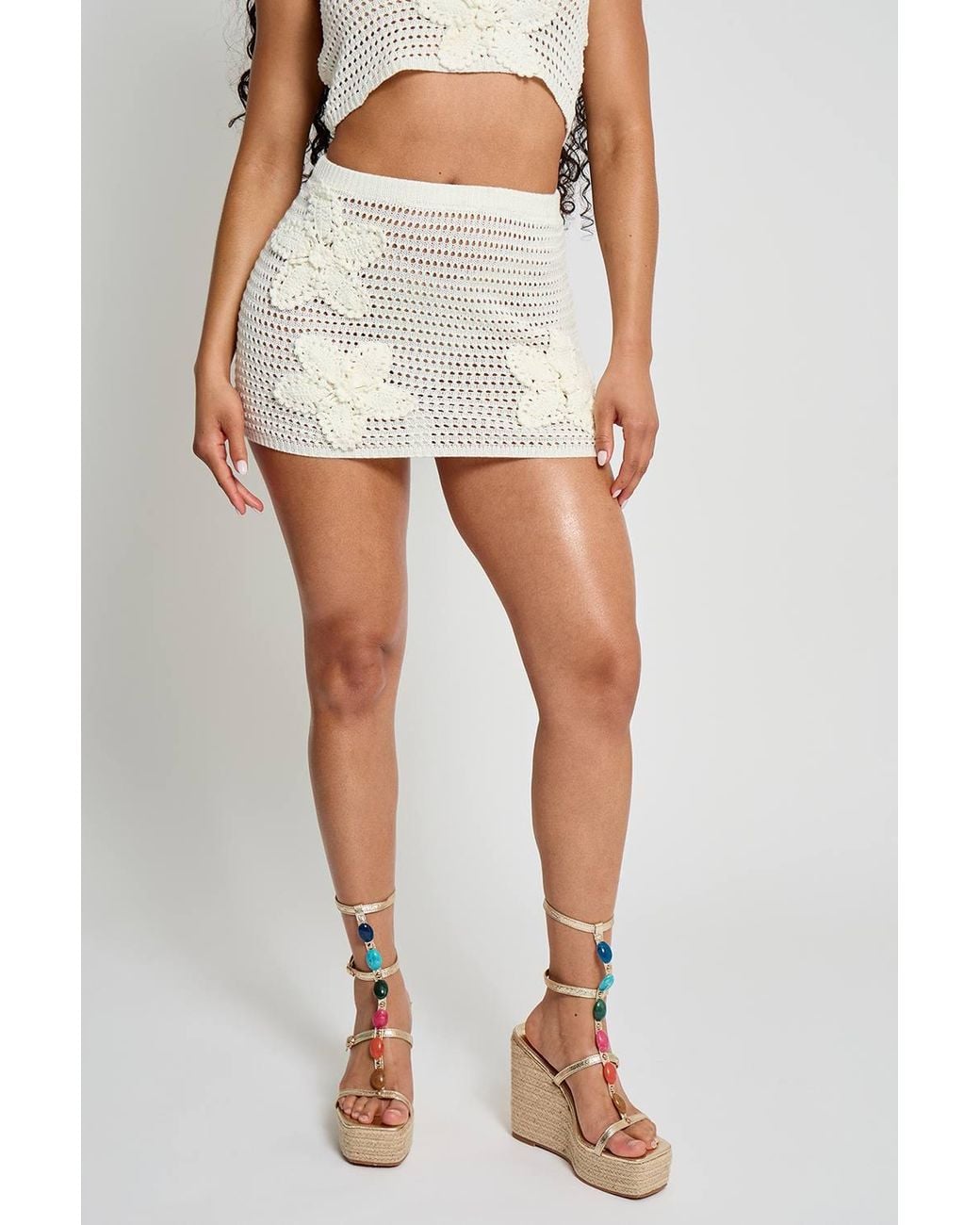 Public Desire White Floral Embroidered Crochet Mini Skirt Co Ord