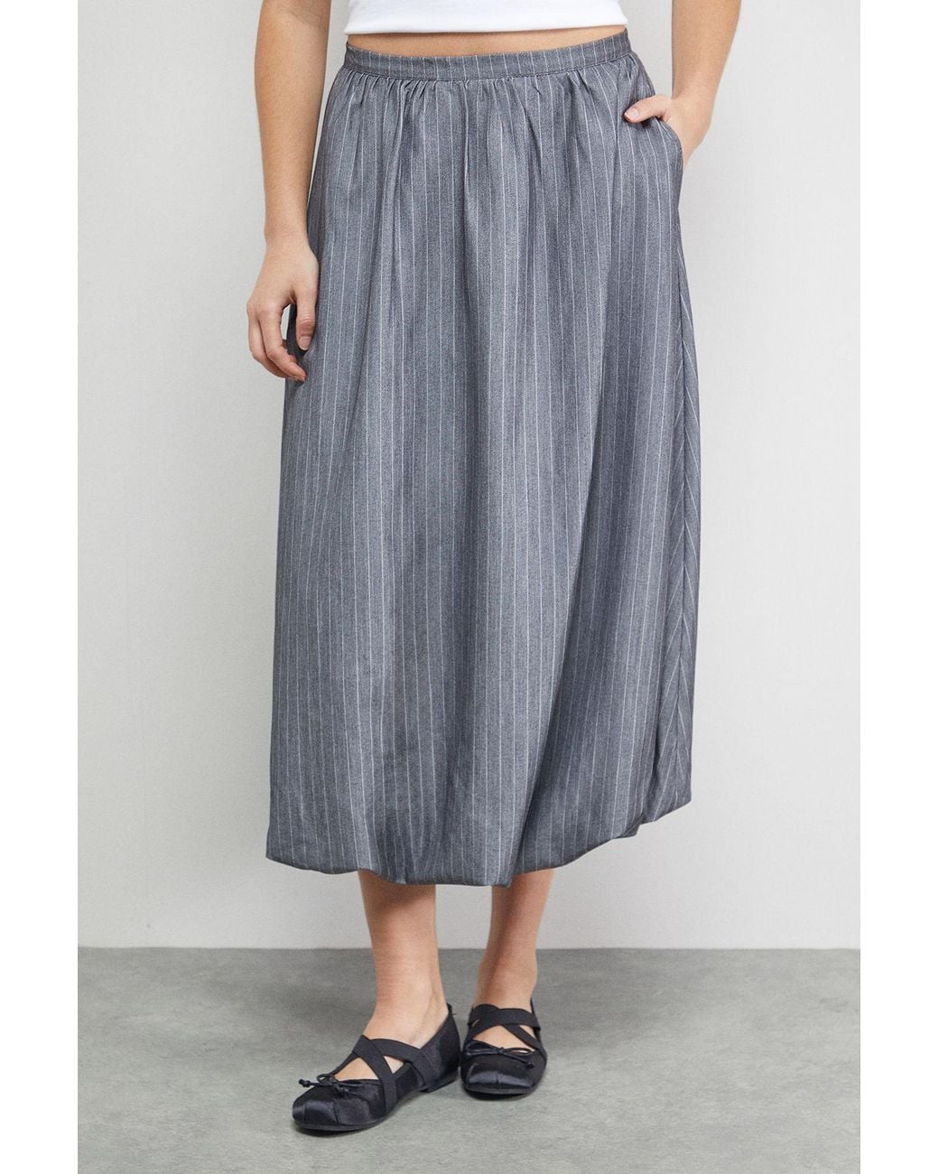 Warehouse Blue Pinstripe Bubble Hem Midi Skirt
