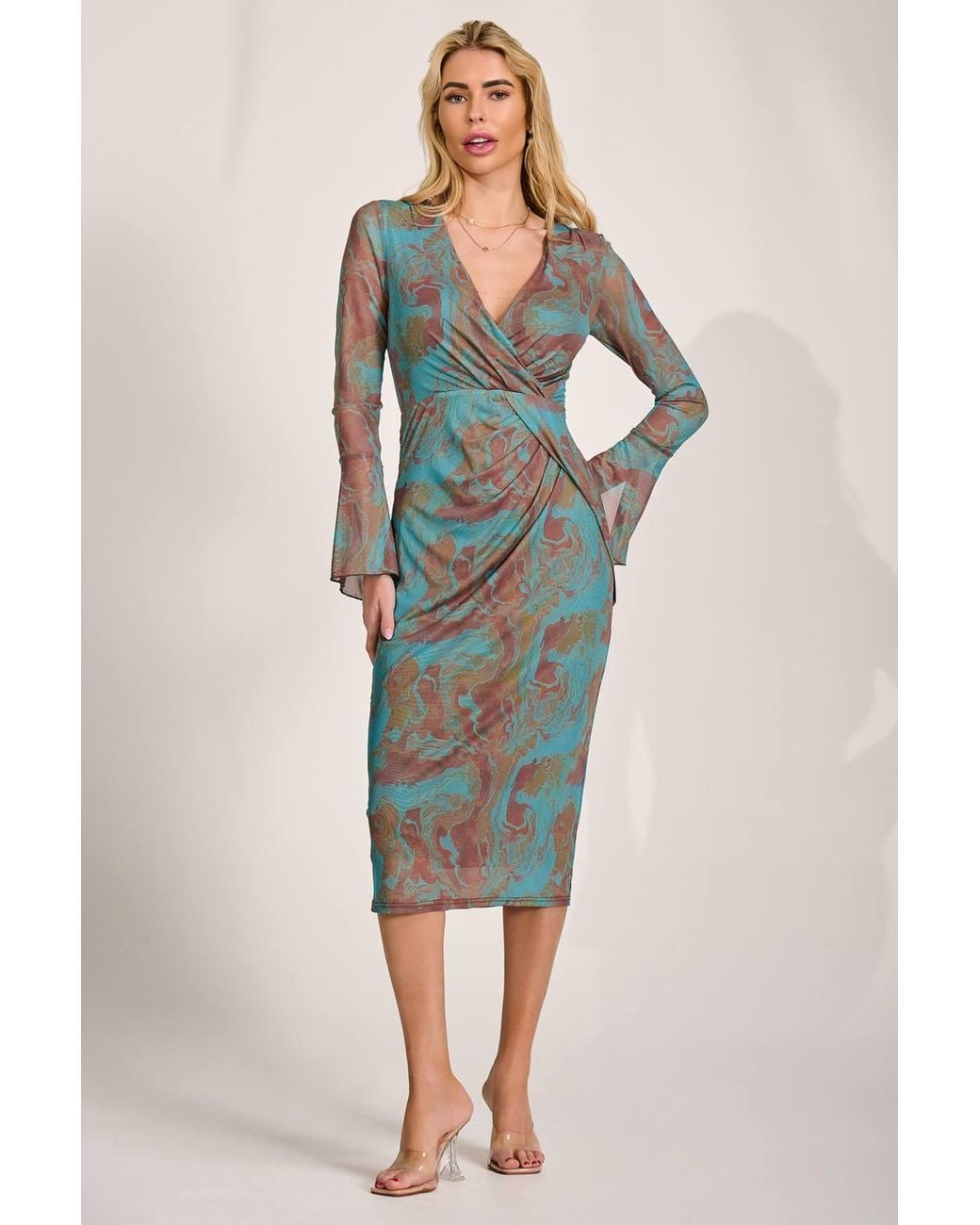 Jolie Moi Blue Long Sleeve Mesh Bodycon Dress