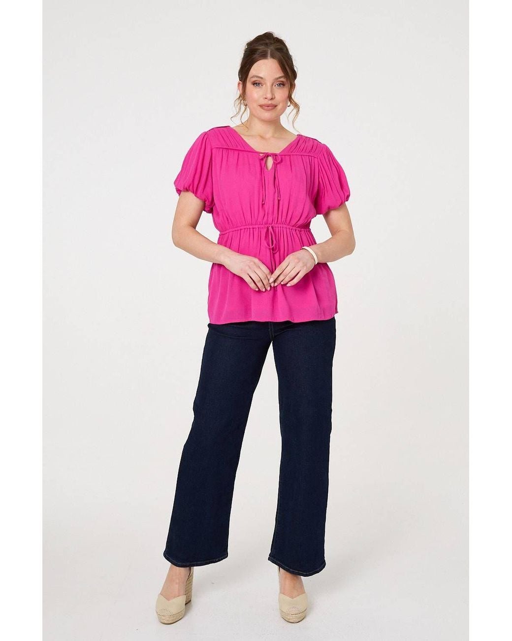 Izabel London Pink Ruched Short Puff Sleeve Peplum Blouse