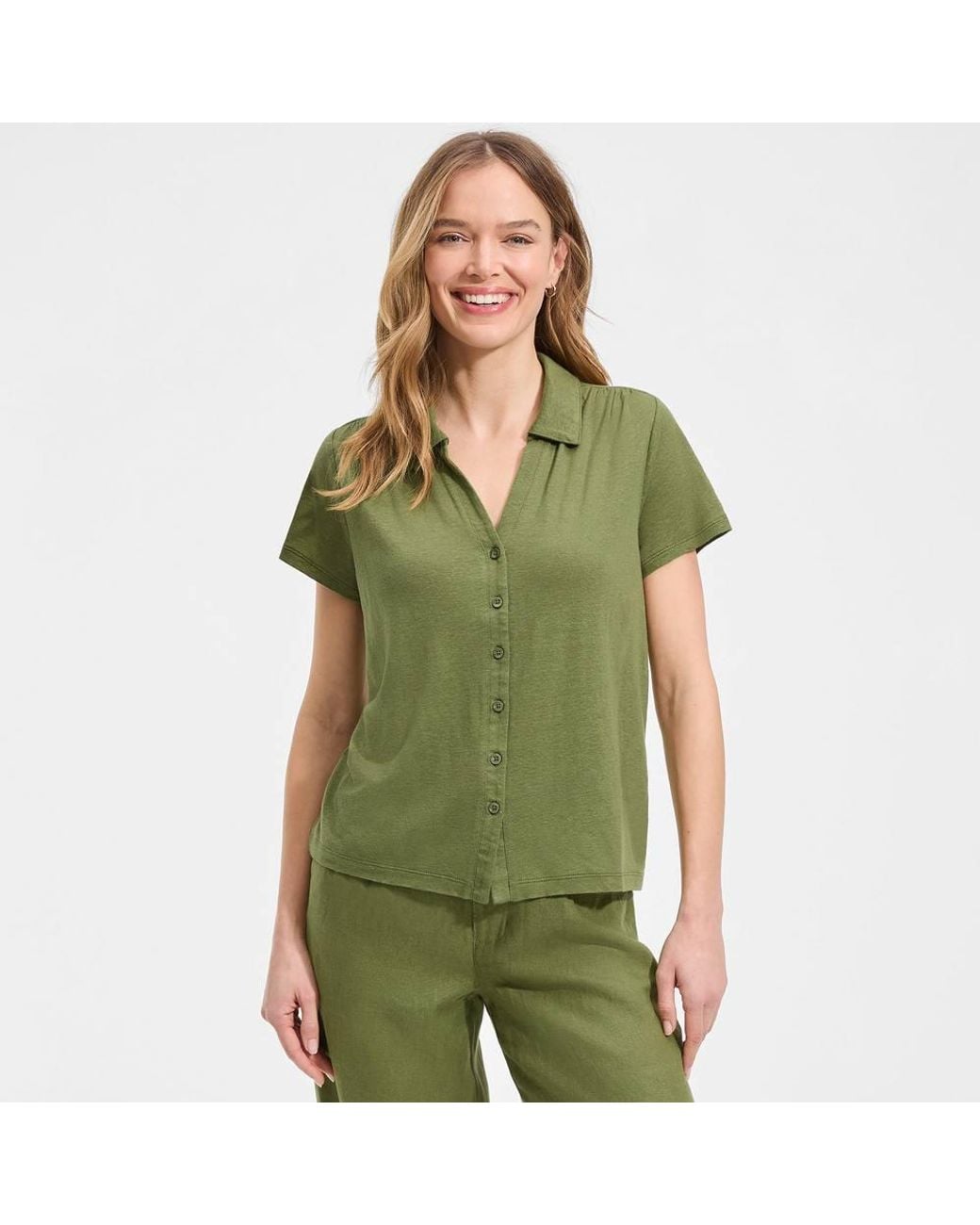 Lands' End Green Petite Linen Blend Button Front Polo