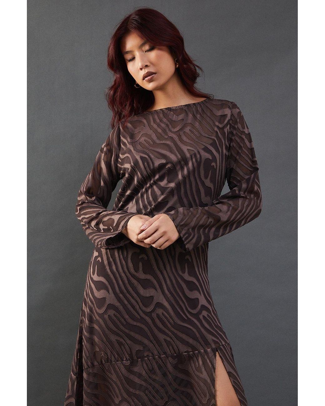Warehouse Black Petite Burnout Chiffon Column Long Sleeve Maxi Dress