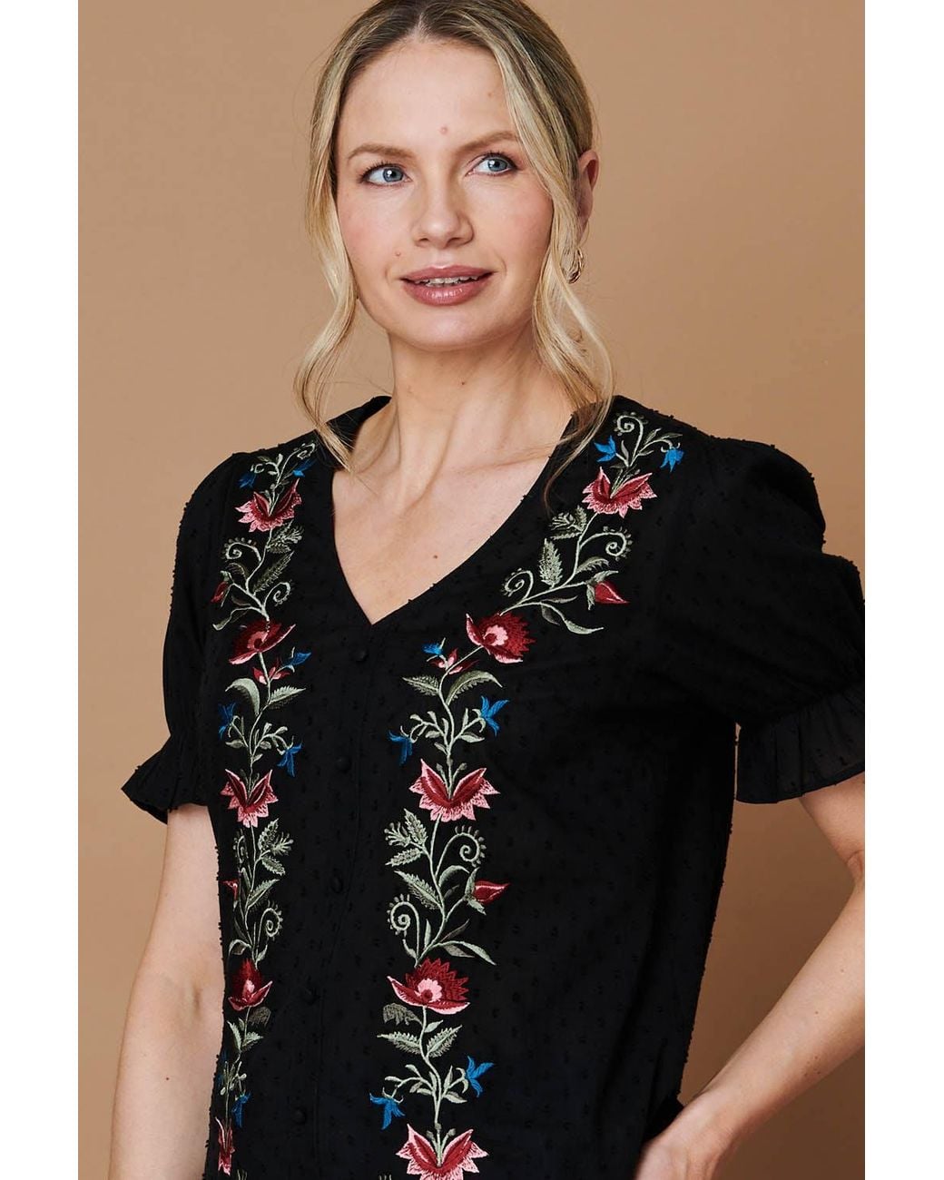 Izabel London Black Floral Embroidery Puff Sleeve Blouse