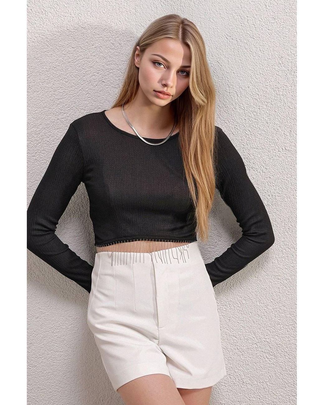 Bigdart Black Ribbed Textured Crop Top With Chain Detail