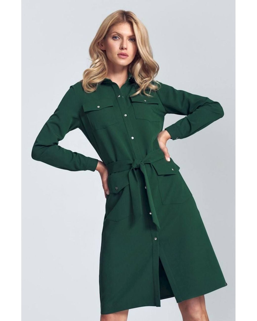 Love Lace Green Viscose Long Sleeve Shirt Dress With Belt