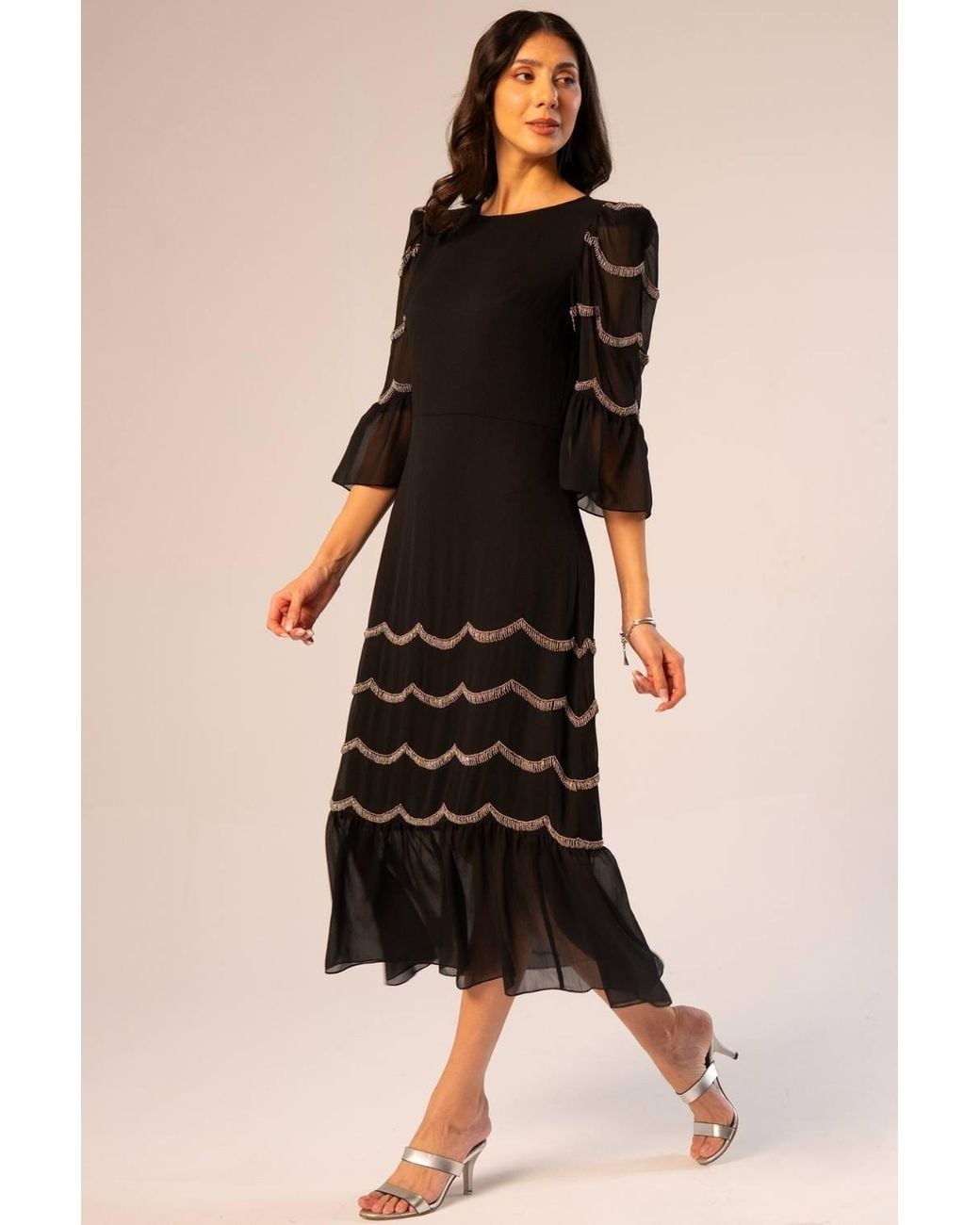 Rose & Nancy Black Georgie-Scalloped-Embellished-Dress