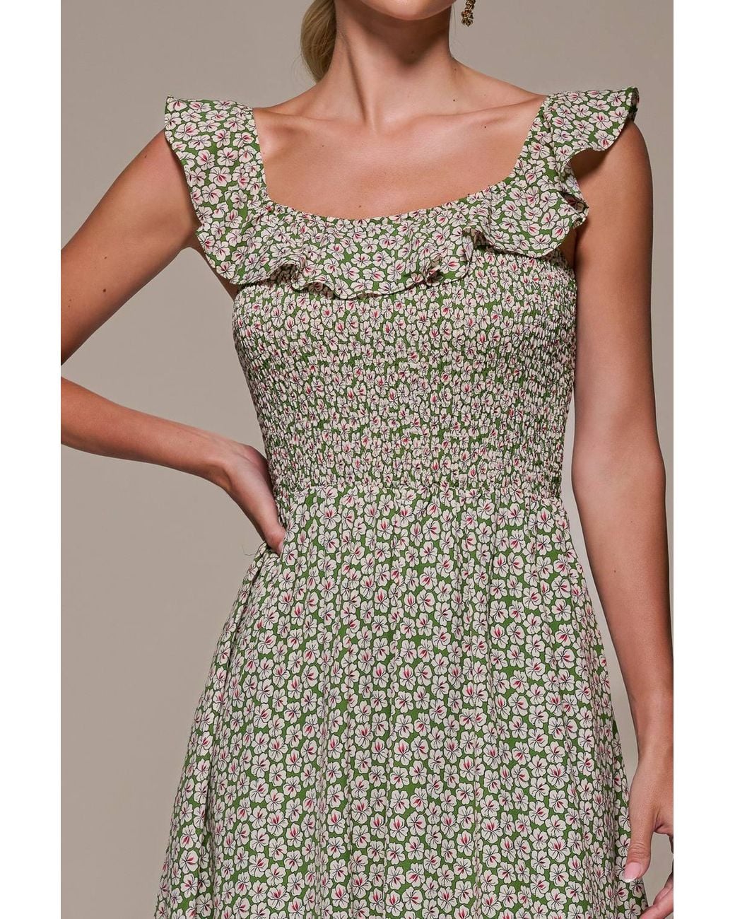 Jolie Moi Natural Shirred Ruffle Sleeve Tiered Midi Dress