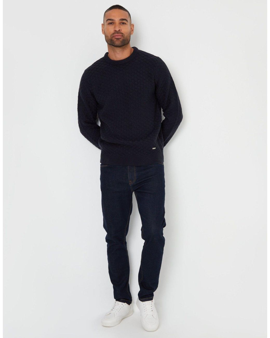 Threadbare Blue 'Oldcastle' Textured Knit Crew Neck Jumper for men