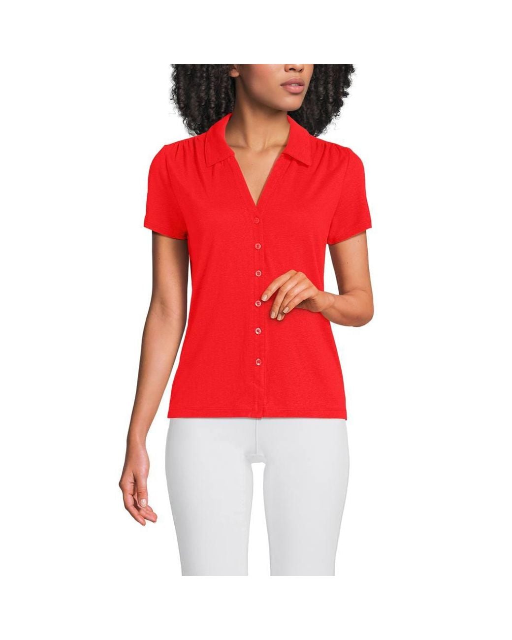 Lands' End Red Petite Linen Blend Button Front Polo